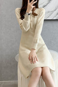 Women Splendid Solid Color Long Sleeve Above Knee Round Neck Beautiful Dress