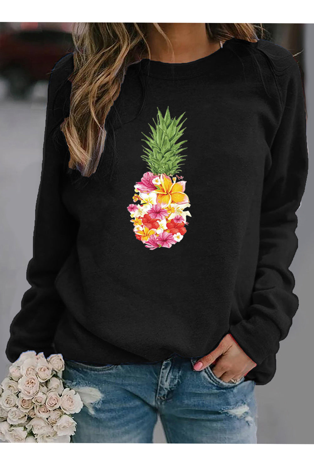 Women Pretty Flower Pattern Long Sleeve Comfortable Relaxing Sweatshirt