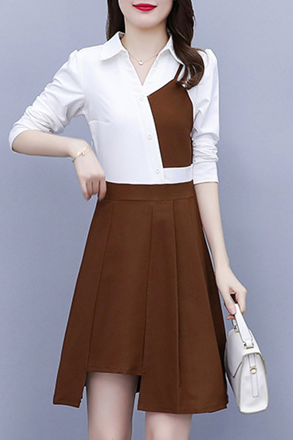 Women Beautiful Solid Color Collar Neck Long Sleeve Above Knee Casual Dress