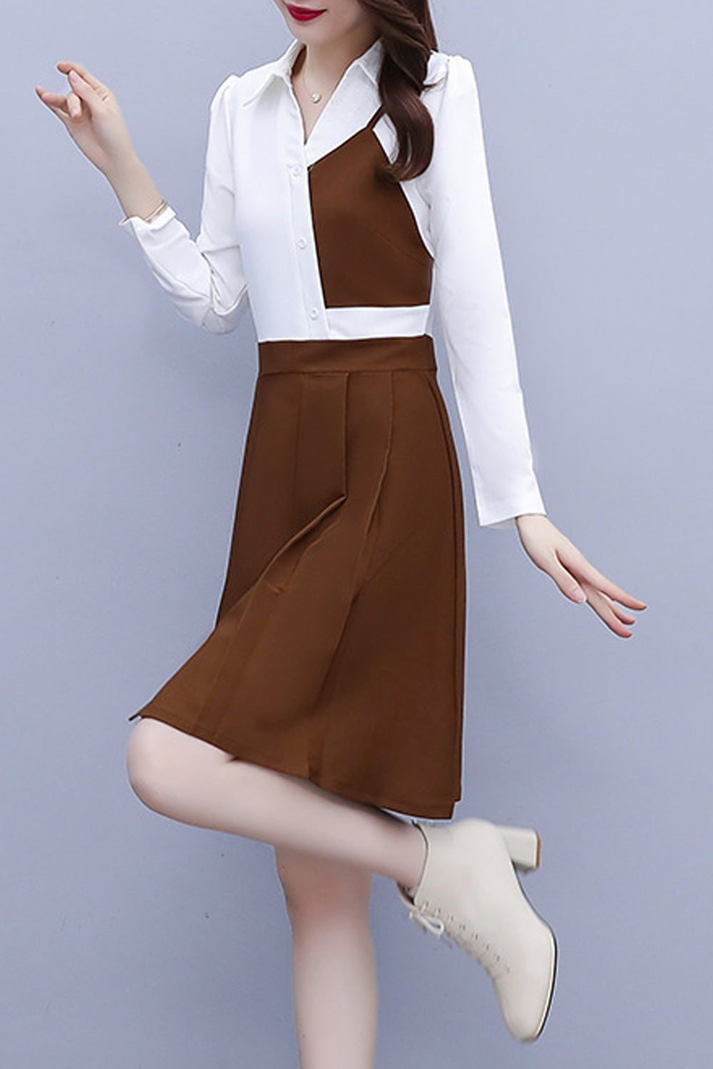 Women Beautiful Solid Color Collar Neck Long Sleeve Above Knee Casual Dress