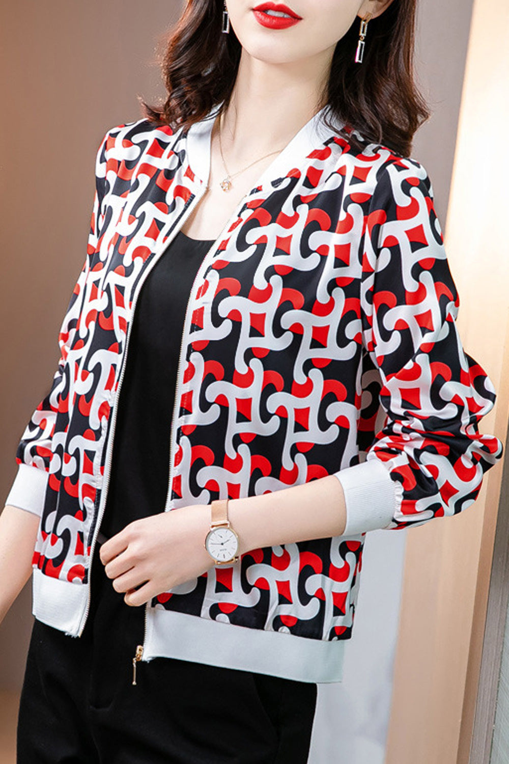 Women Easy Zipper Closure Windproof Long Sleeve Printed Pattern Trendy Round Neck Elastic Cuff Cozy Casual Jacket