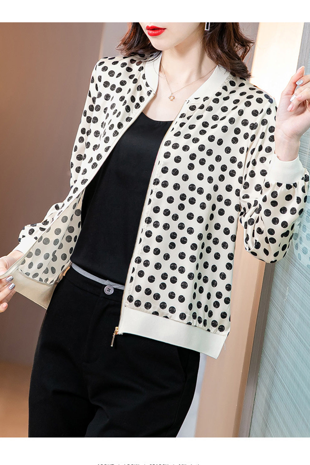 Women Easy Zipper Closure Windproof Long Sleeve Printed Pattern Trendy Round Neck Elastic Cuff Cozy Casual Jacket