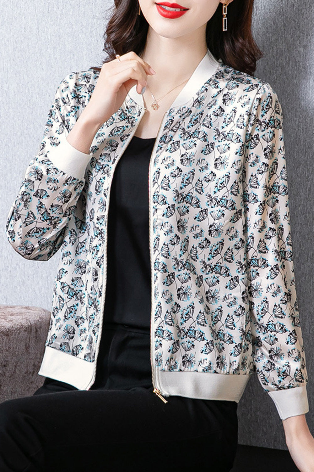 Women Easy Zipper Closure Windproof Long Sleeve Printed Pattern Trendy Round Neck Elastic Cuff Cozy Casual Jacket