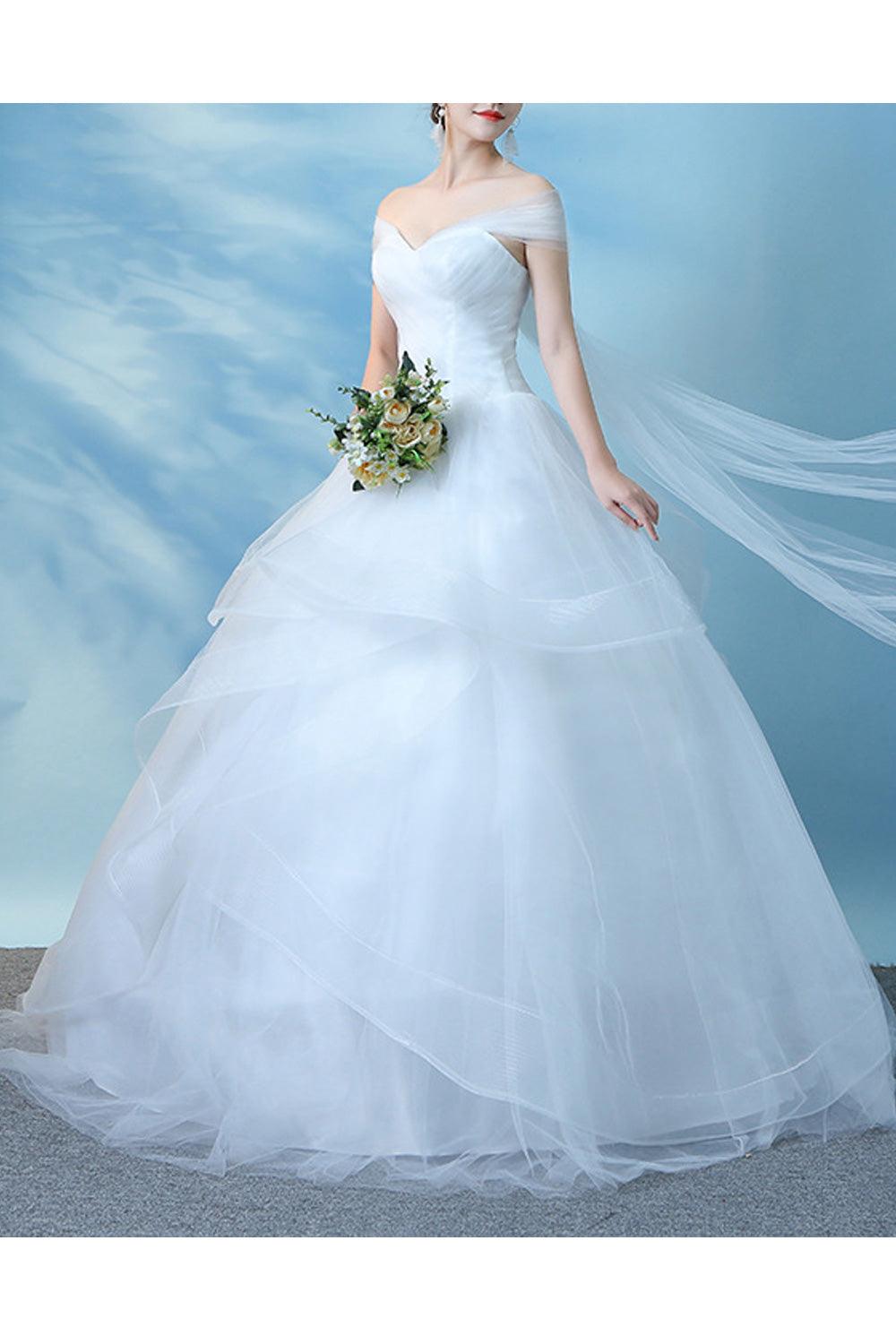 Women Short Sleeve Superb Solid Colored Off Neck Long Length Wedding Dress