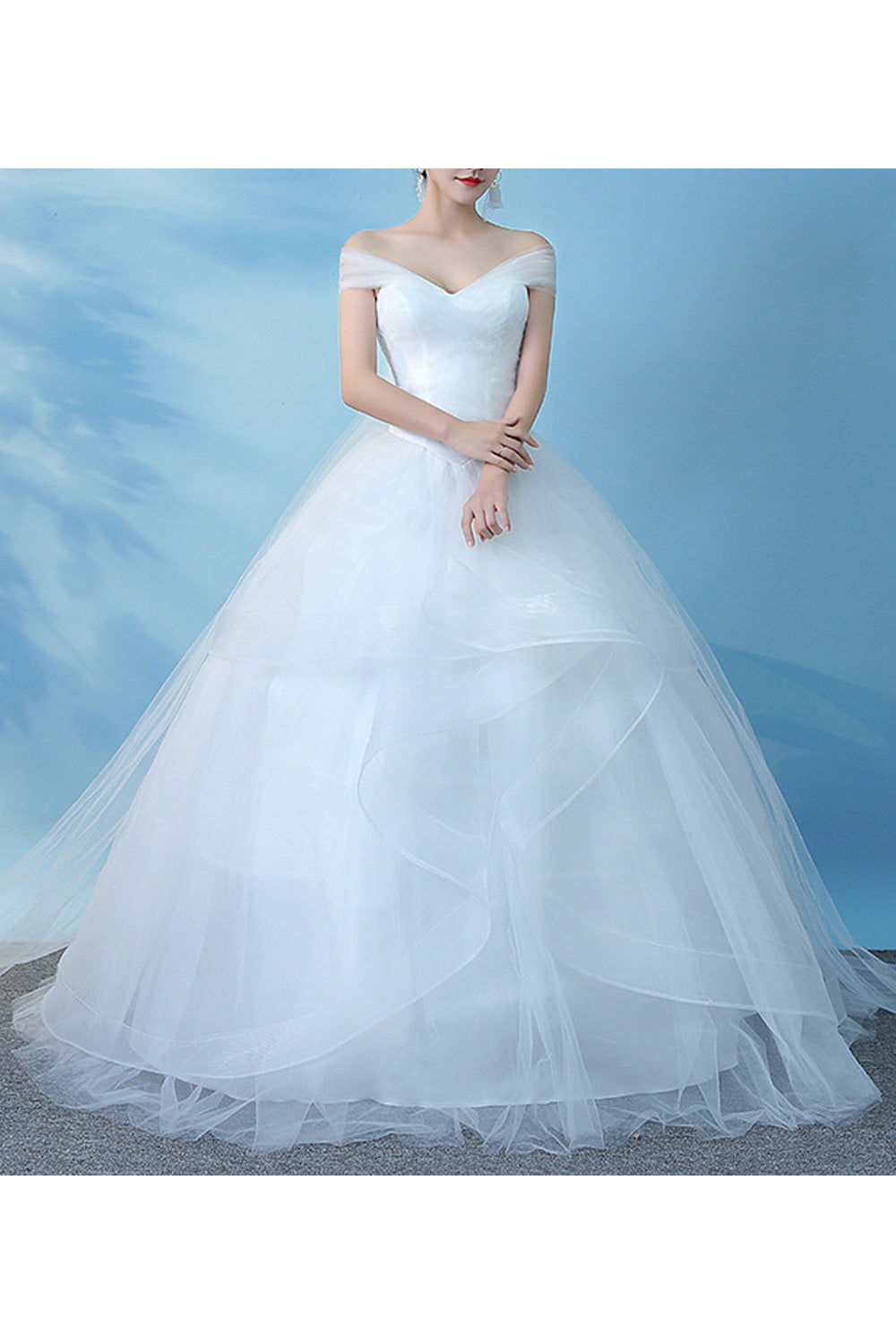 Women Short Sleeve Superb Solid Colored Off Neck Long Length Wedding Dress