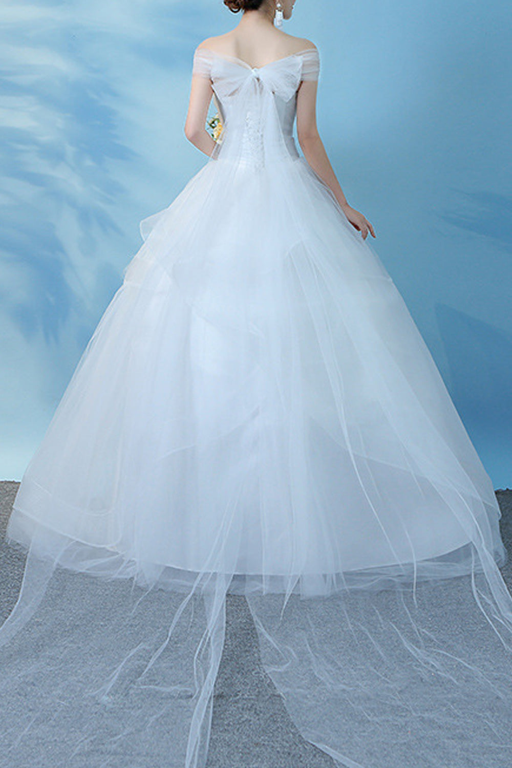 Women Short Sleeve Superb Solid Colored Off Neck Long Length Wedding Dress