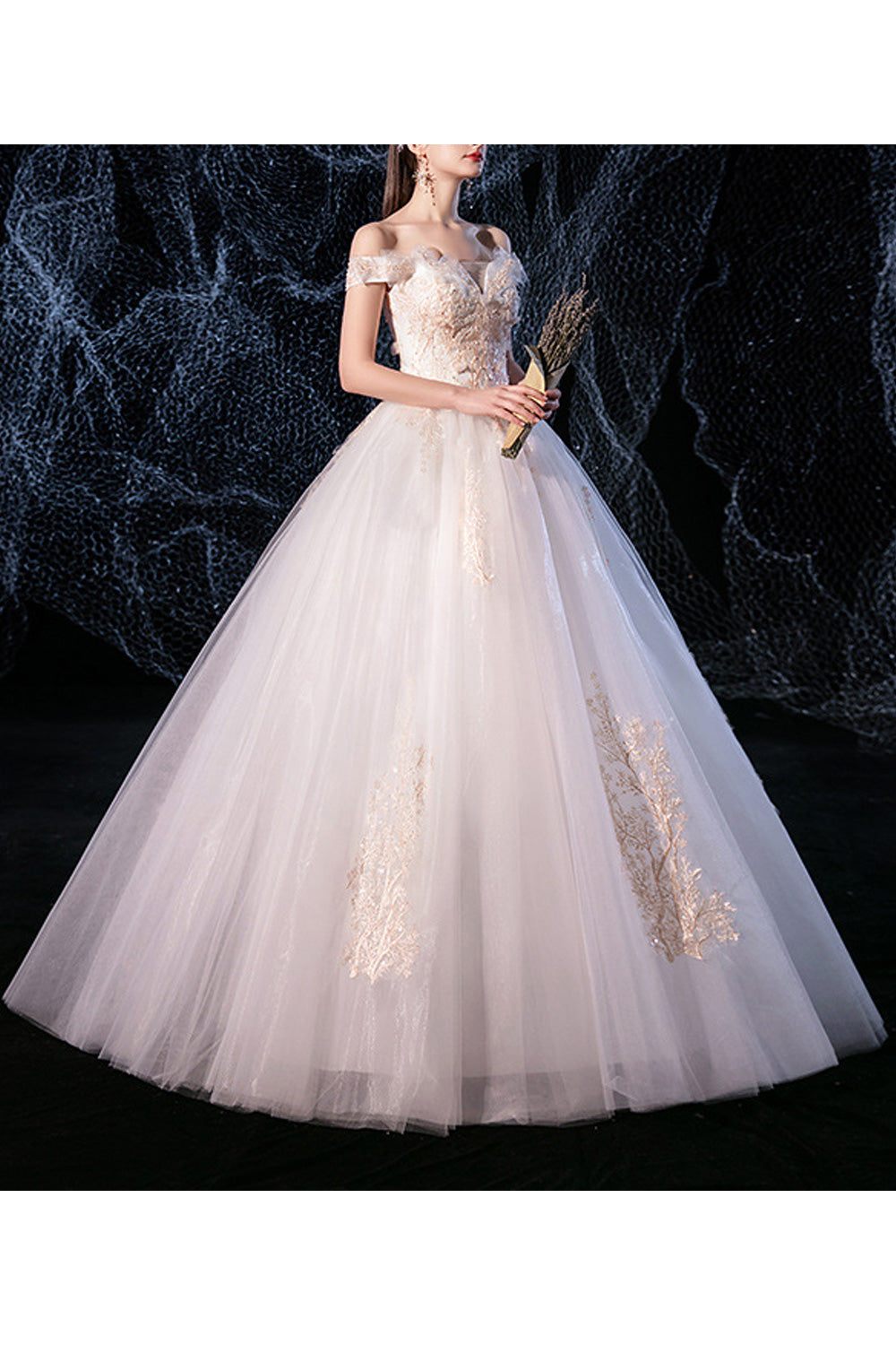 Women Alluring Long Length Solid Color Short Sleeve Off Neck Lovely Wedding Dress