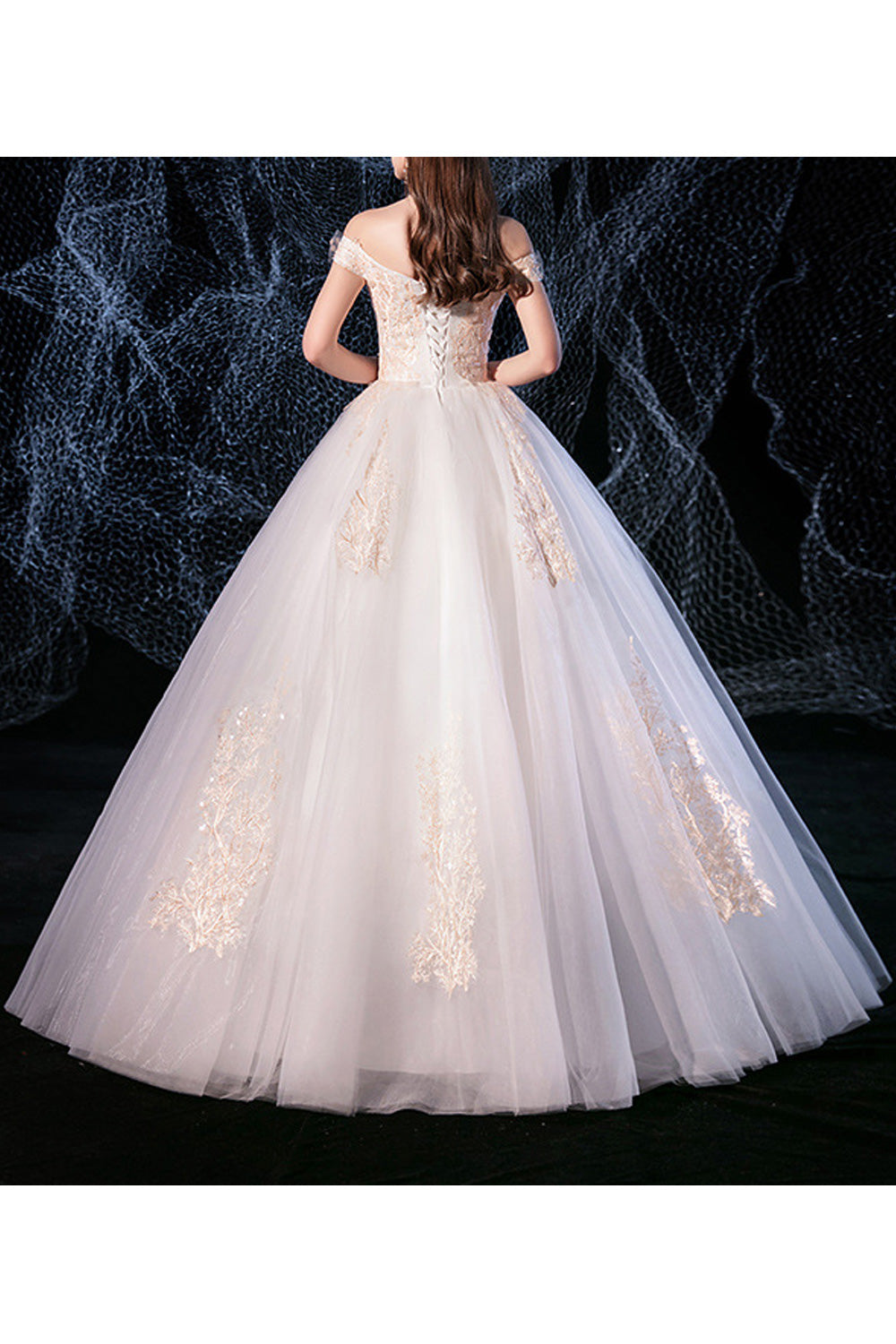Women Alluring Long Length Solid Color Short Sleeve Off Neck Lovely Wedding Dress