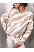 Women Fashionable Knitted Round Neck Ribbed Cuffs Printed Pattern Winter Sweater