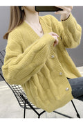 Women Stylish Button Closure Long Sleeve Solid Pattern Casual Cardigan