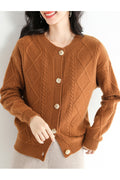 Women Convenient Round Neck Solid Colored Long Sleeve Thick Winter Casual Warm Cardigan