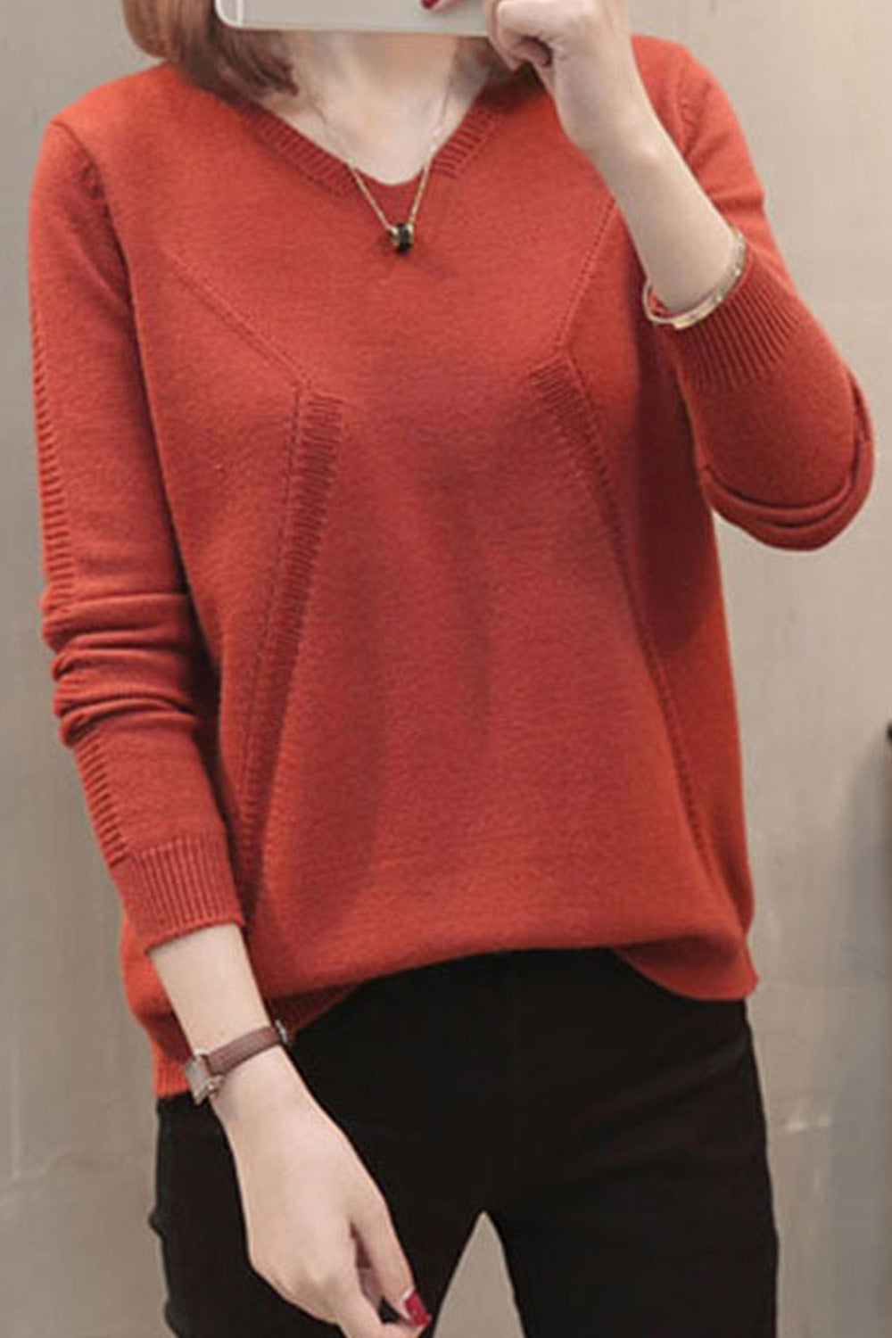 Women Elegant Solid Pattern V-Neck Long Sleeve Warm Winter Sweater
