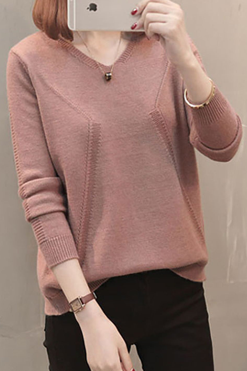 Women Elegant Solid Pattern V-Neck Long Sleeve Warm Winter Sweater