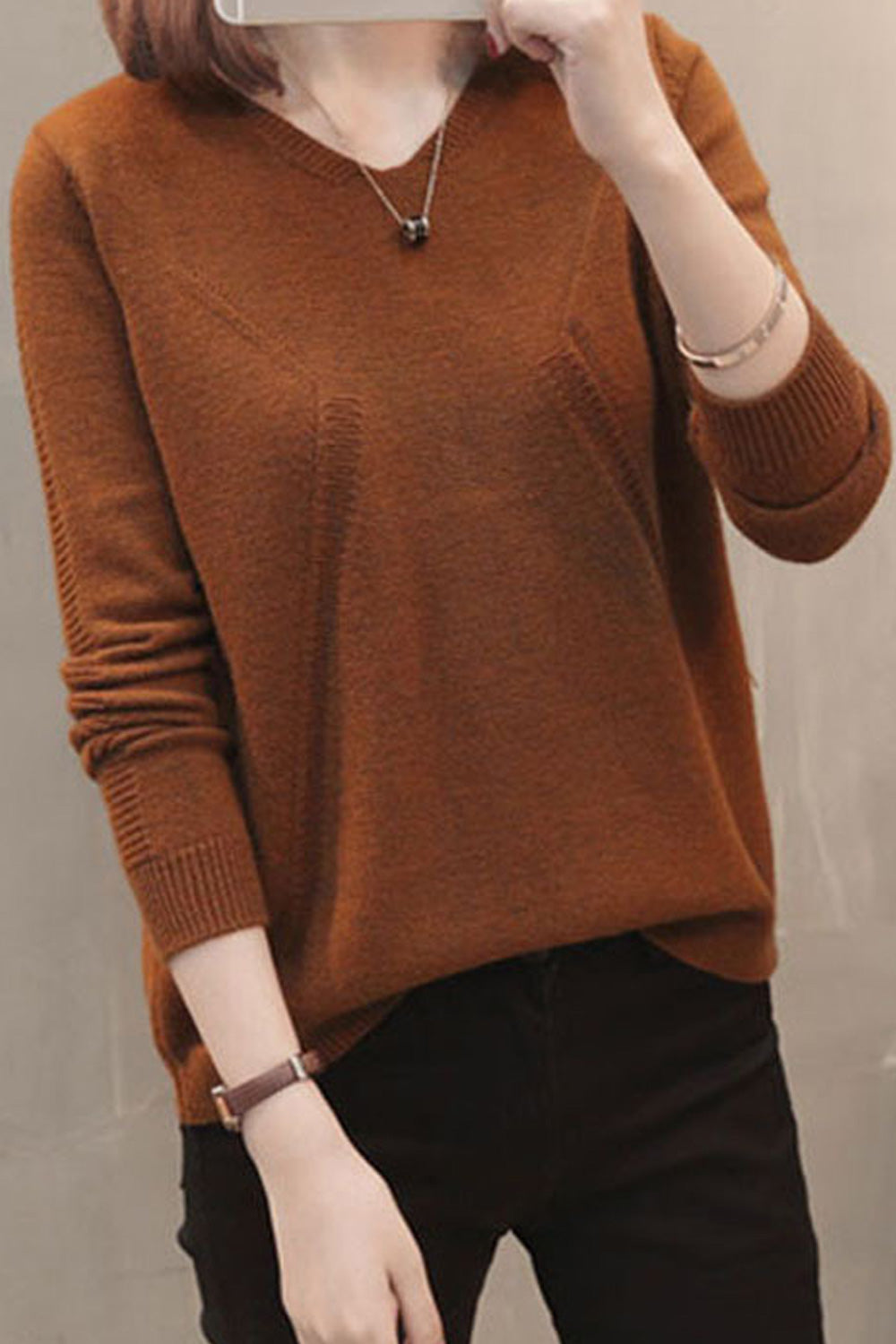 Women Elegant Solid Pattern V-Neck Long Sleeve Warm Winter Sweater