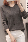 Women Elegant Solid Pattern V-Neck Long Sleeve Warm Winter Sweater