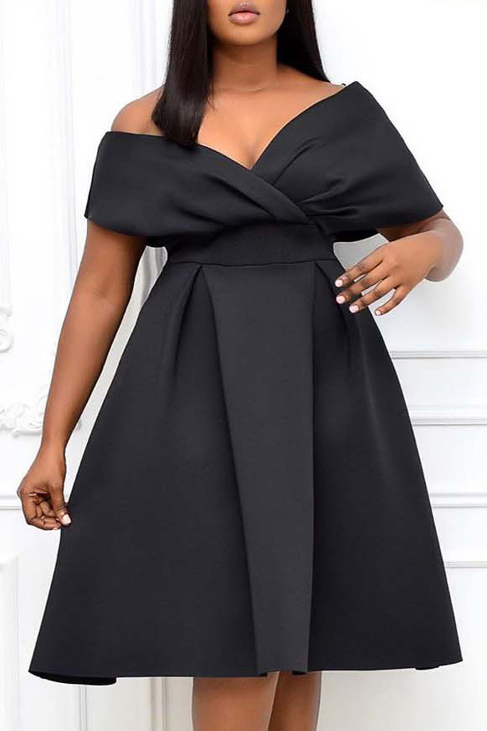 Women Elegent Solid Color Short Sleeve Knee Length V-Neck Weekend Dress