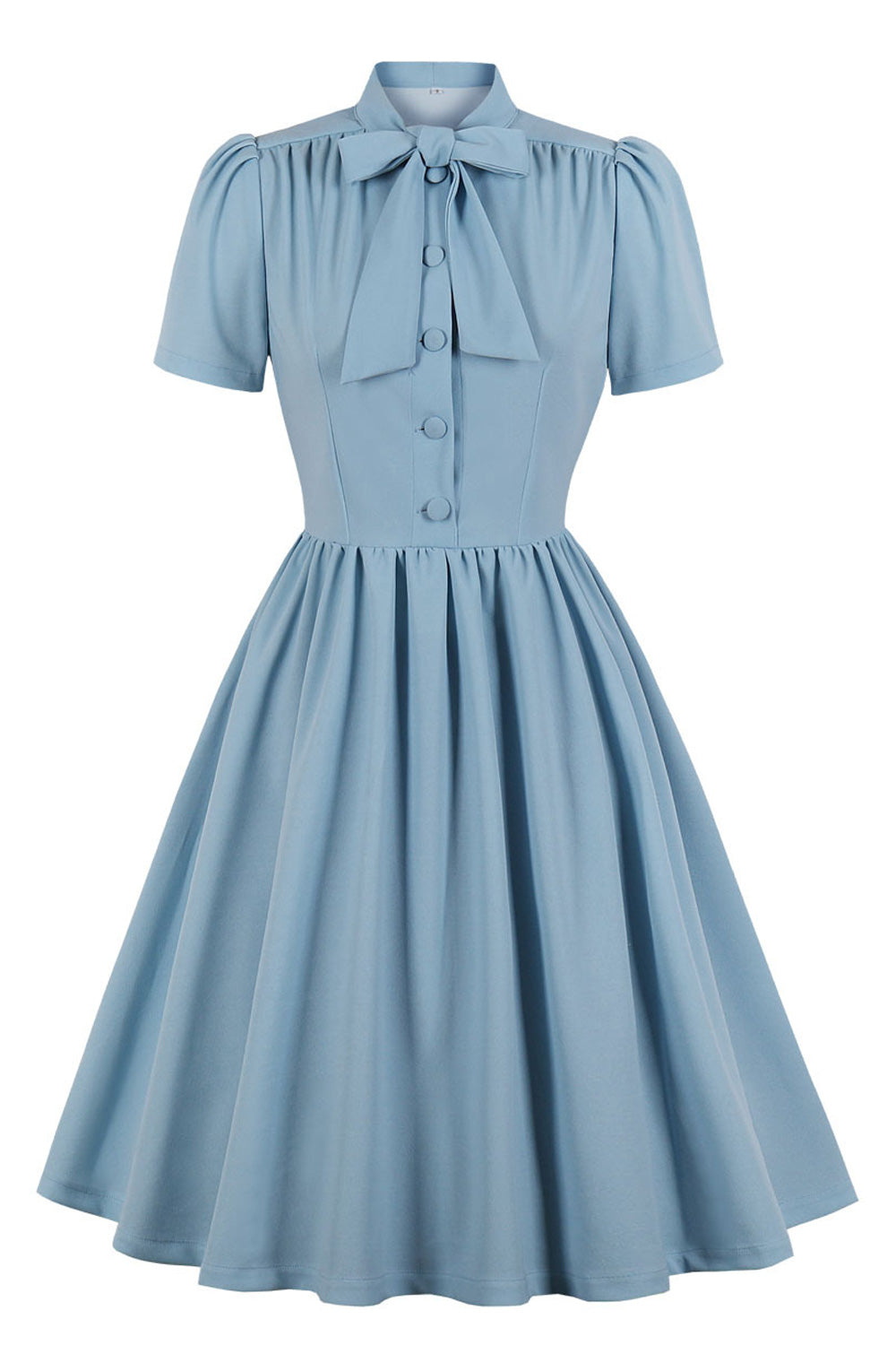 Women Sweet Pleated Skirt Collar Neck Short Sleeve Solid Color Party Dress