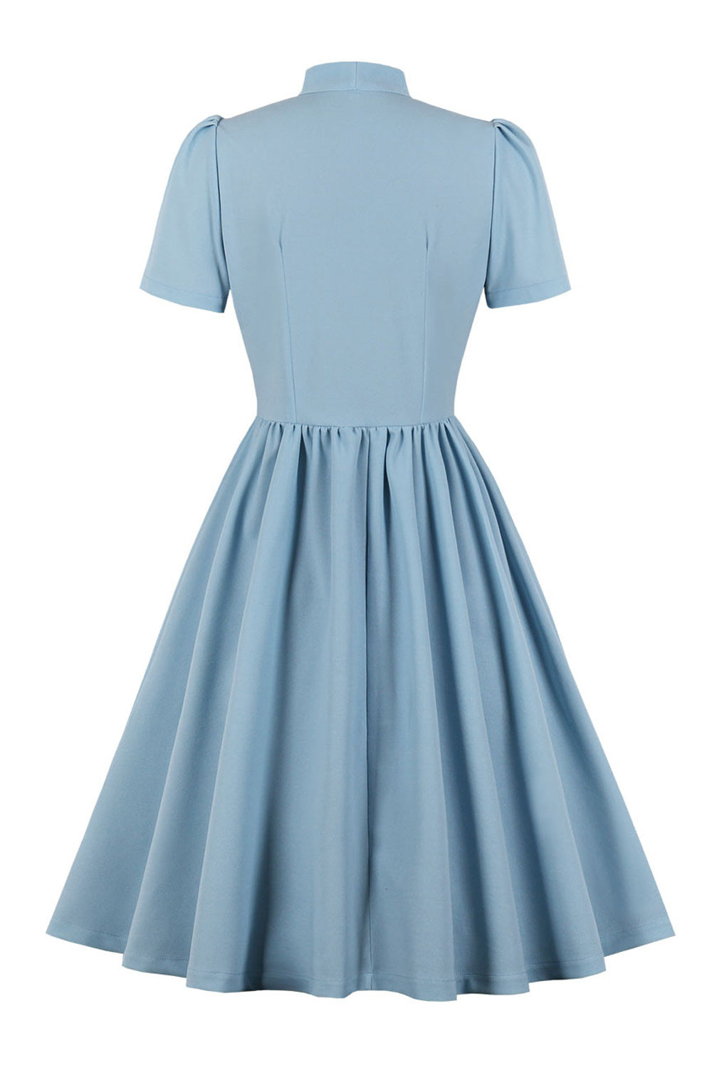 Women Sweet Pleated Skirt Collar Neck Short Sleeve Solid Color Party Dress