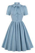 Women Sweet Pleated Skirt Collar Neck Short Sleeve Solid Color Party Dress
