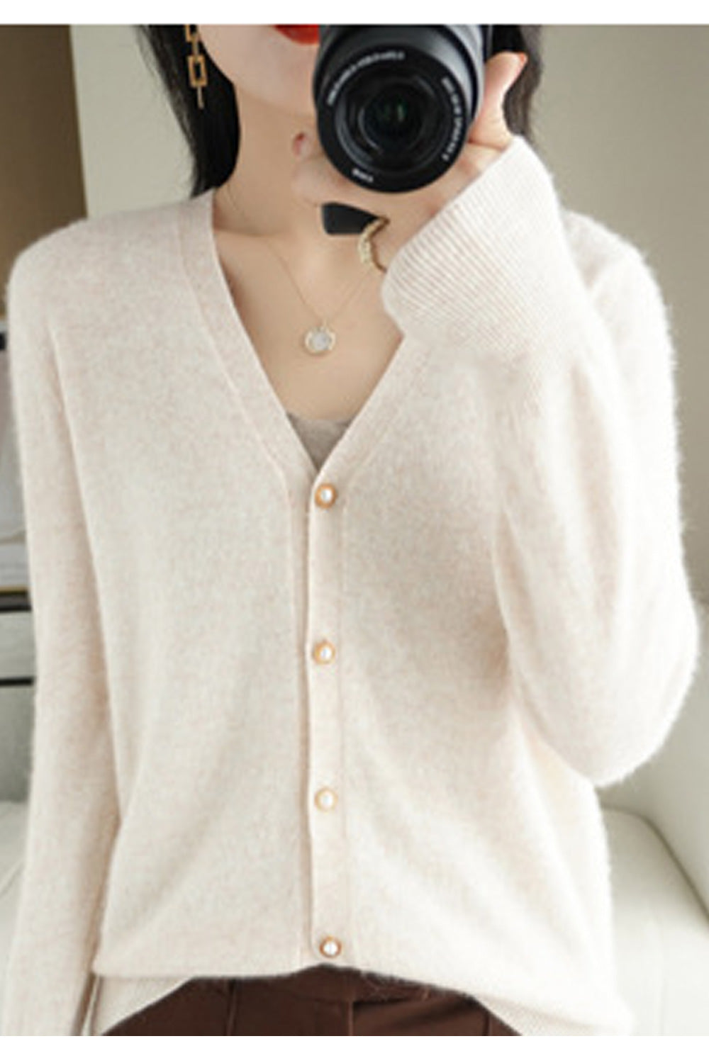 Women Soft V-Neck Long Sleeve Trendy Solid Colored Loose Warm Pretty Casual Winter Cardigan