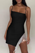 Women Awesome Solid Color Strap Neck Tassel Hem Sleeveless Slim Fit Outing Dress