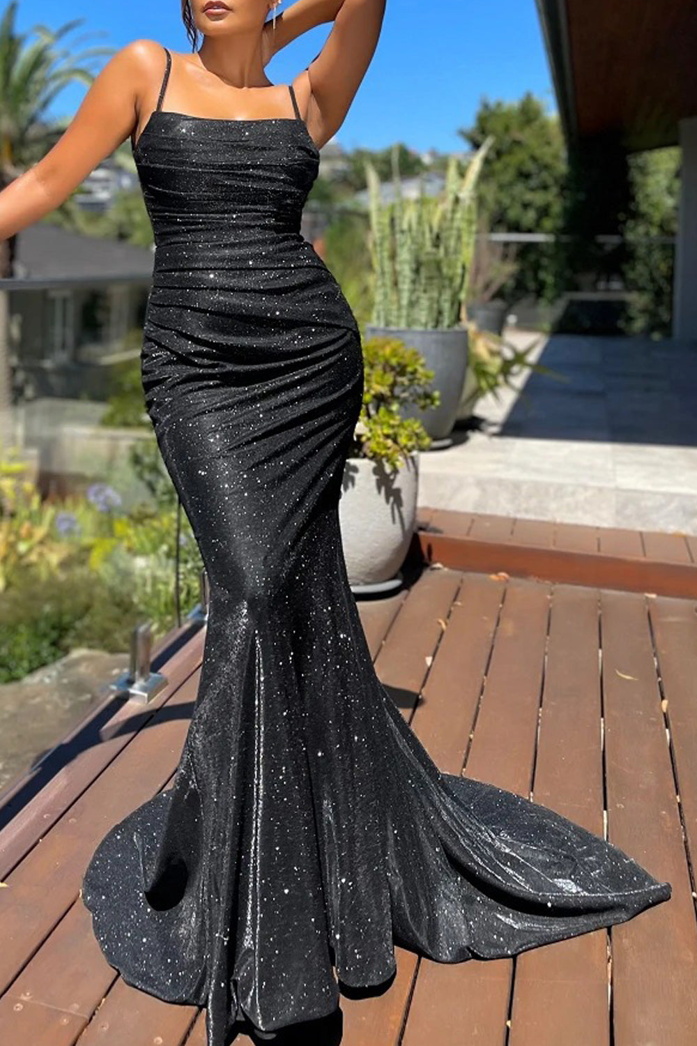 Women Fancy Sleeveless Style Straped Neck Fashionable Sequins Pattern Long Length Dress