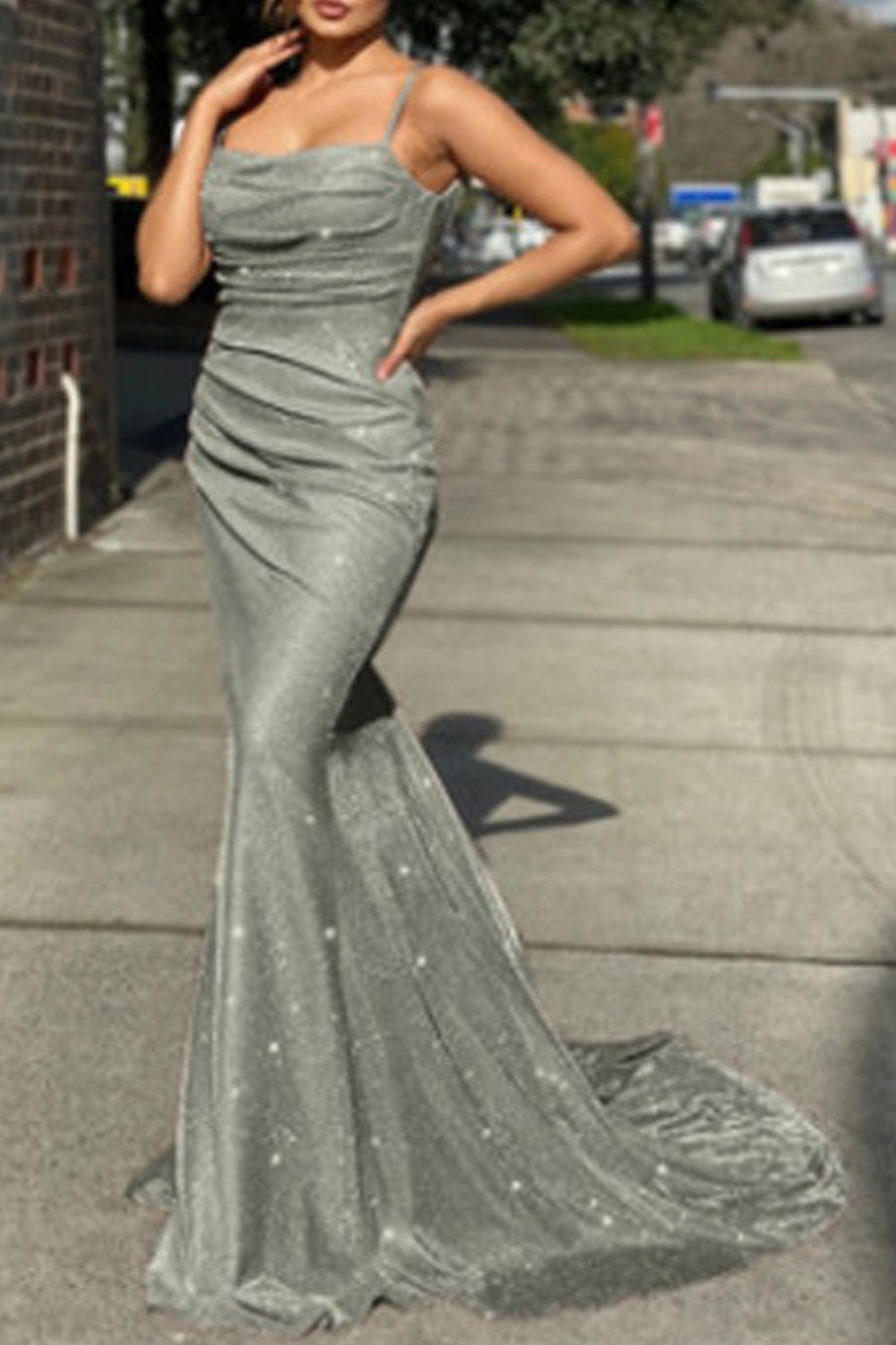 Women Fancy Sleeveless Style Straped Neck Fashionable Sequins Pattern Long Length Dress