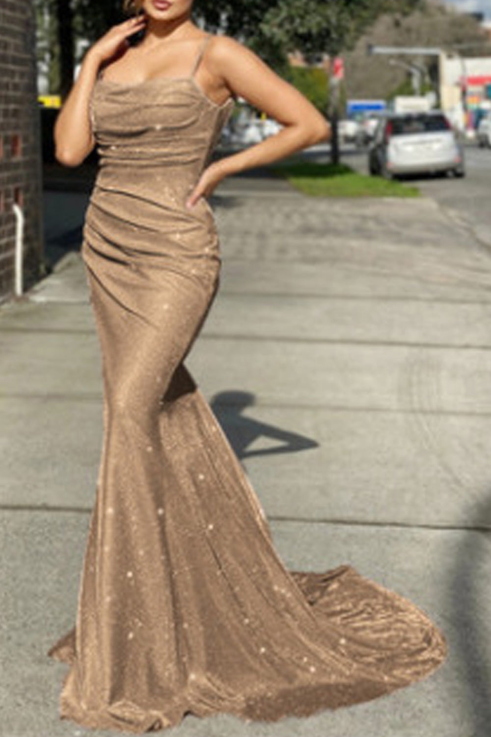 Women Fancy Sleeveless Style Straped Neck Fashionable Sequins Pattern Long Length Dress