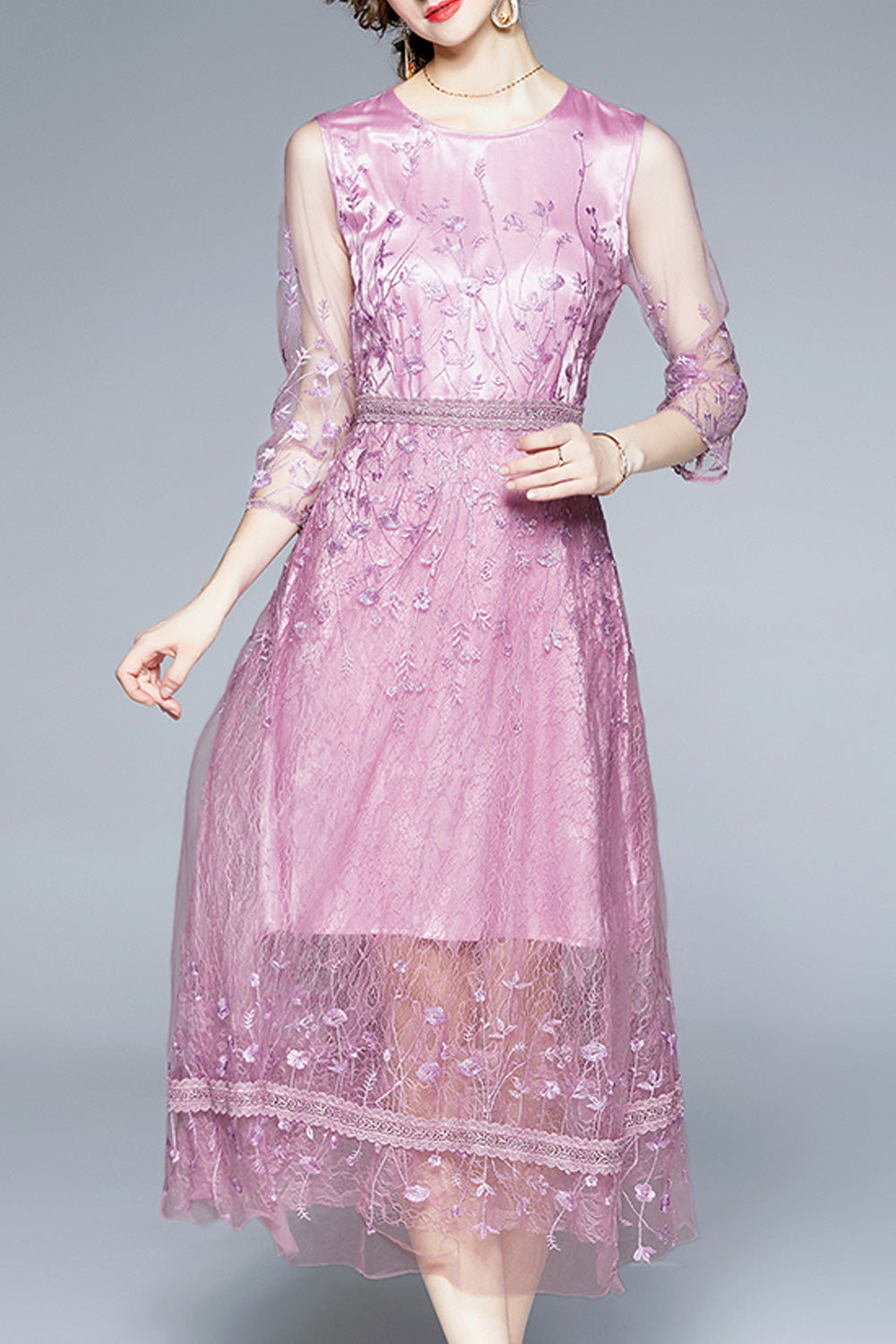 Women Breathable Half Sleeve Lace Pattern Long Length Round Neck Pretty Dress