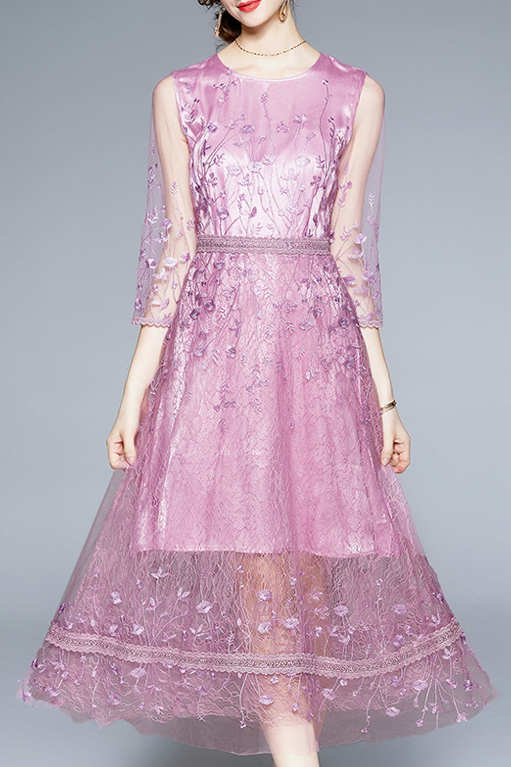 Women Breathable Half Sleeve Lace Pattern Long Length Round Neck Pretty Dress