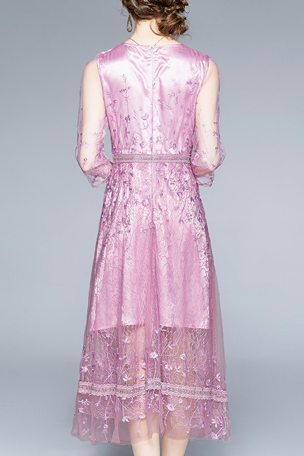 Women Breathable Half Sleeve Lace Pattern Long Length Round Neck Pretty Dress
