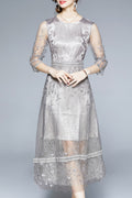 Women Breathable Half Sleeve Lace Pattern Long Length Round Neck Pretty Dress