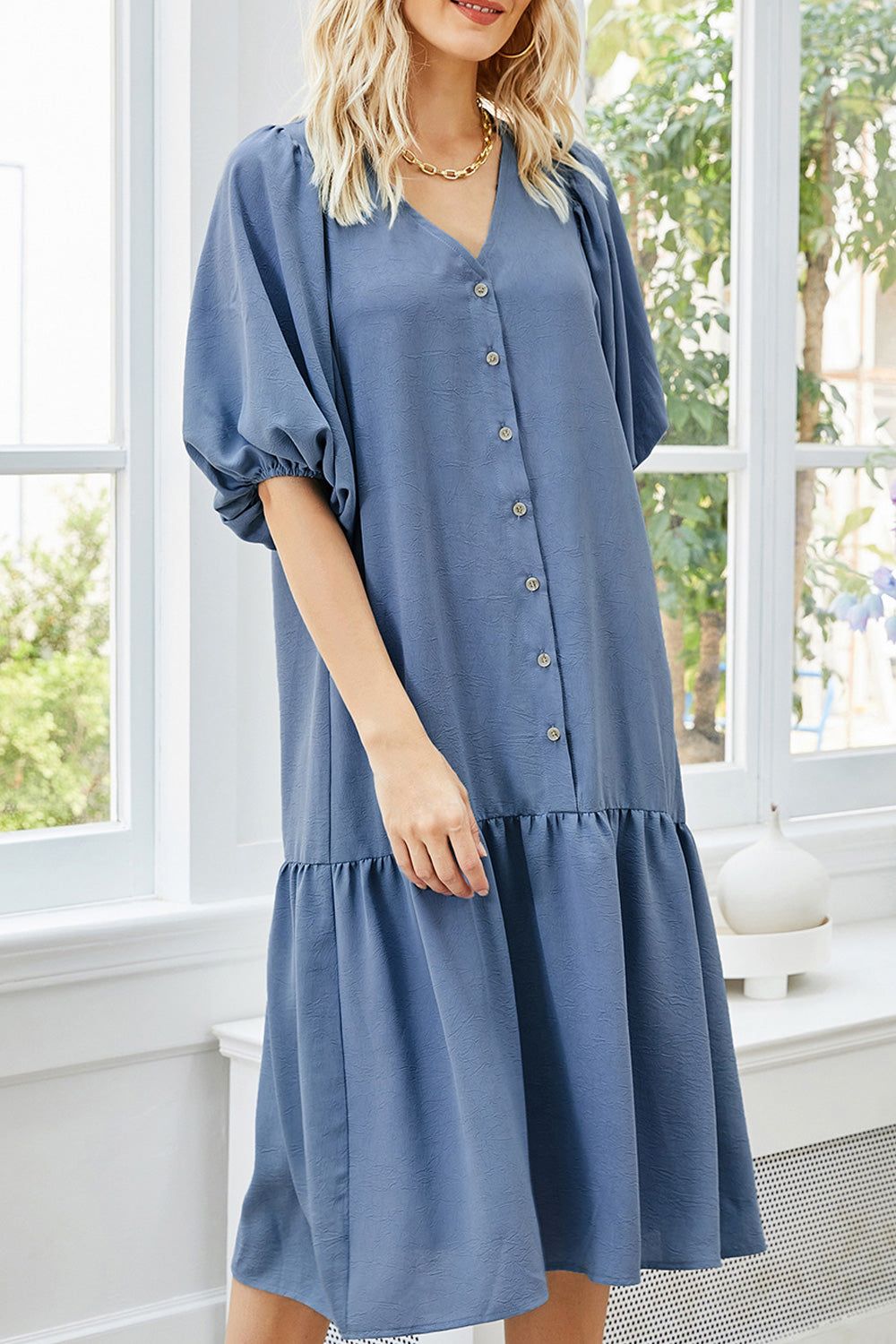 Women Alluring Pleated Hem V-Neck Half Sleeve Mid Length Solid Colored Dress