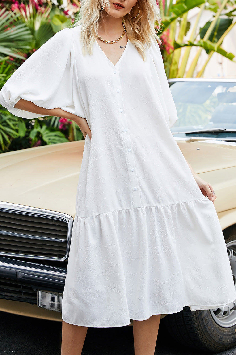 Women Alluring Pleated Hem V-Neck Half Sleeve Mid Length Solid Colored Dress