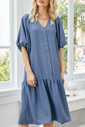 Women Alluring Pleated Hem V-Neck Half Sleeve Mid Length Solid Colored Dress