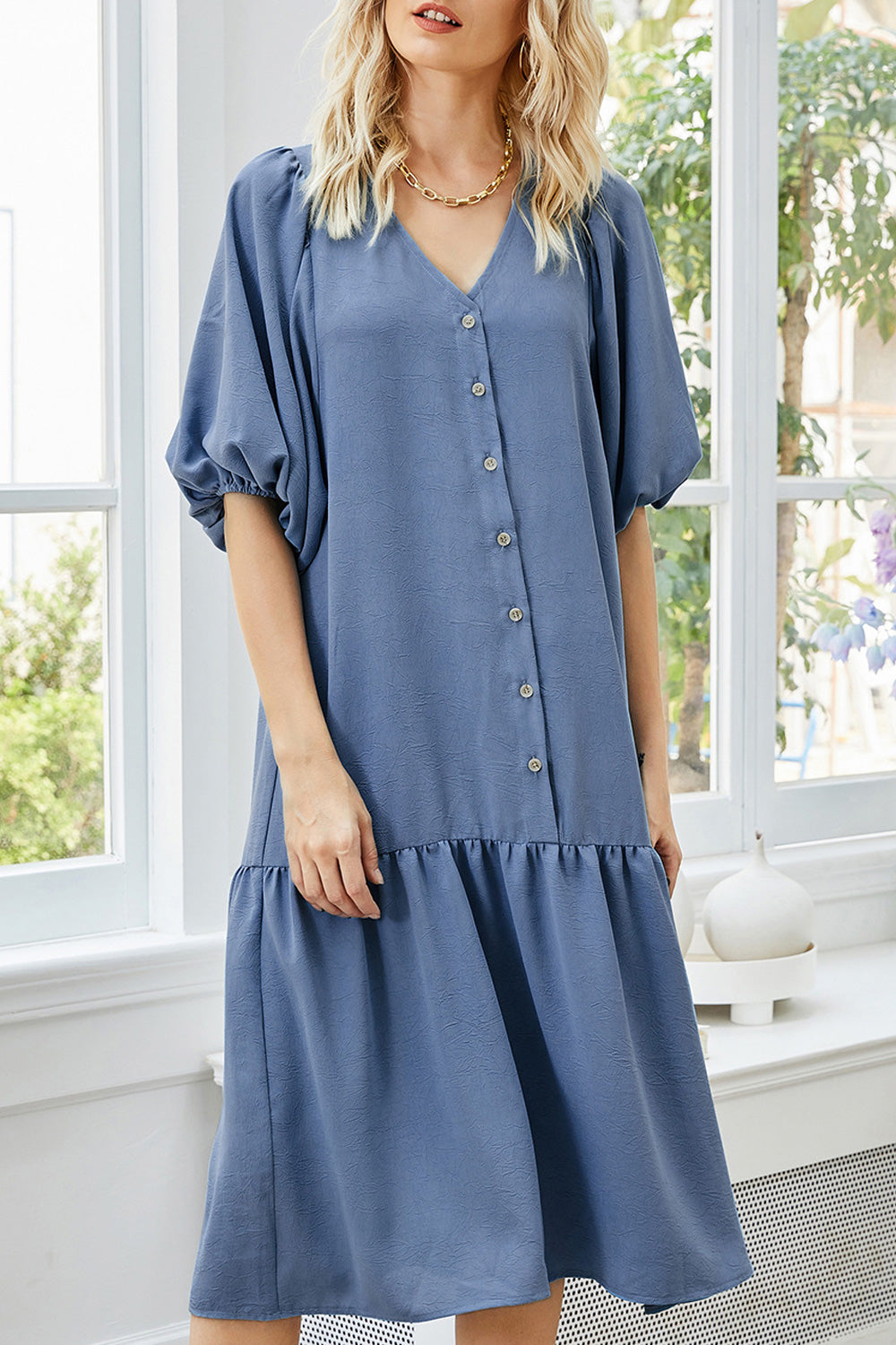 Women Alluring Pleated Hem V-Neck Half Sleeve Mid Length Solid Colored Dress