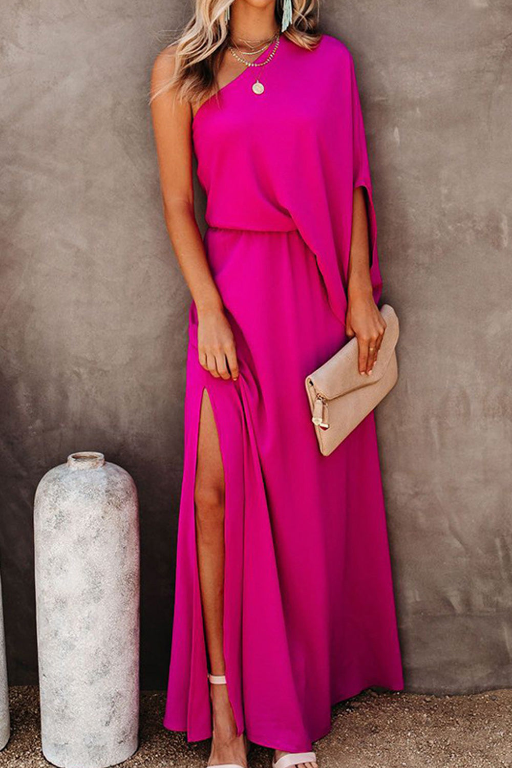 Women Fashionable Solid Color One Shoulder Long Length Casual Dress