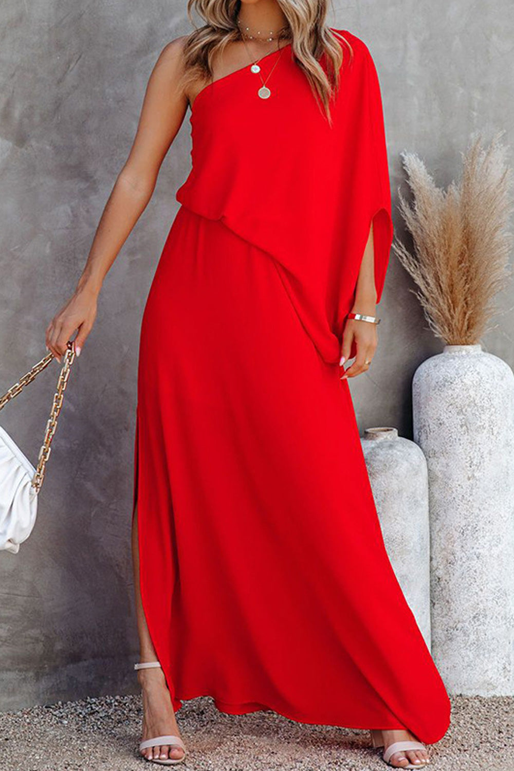 Women Fashionable Solid Color One Shoulder Long Length Casual Dress