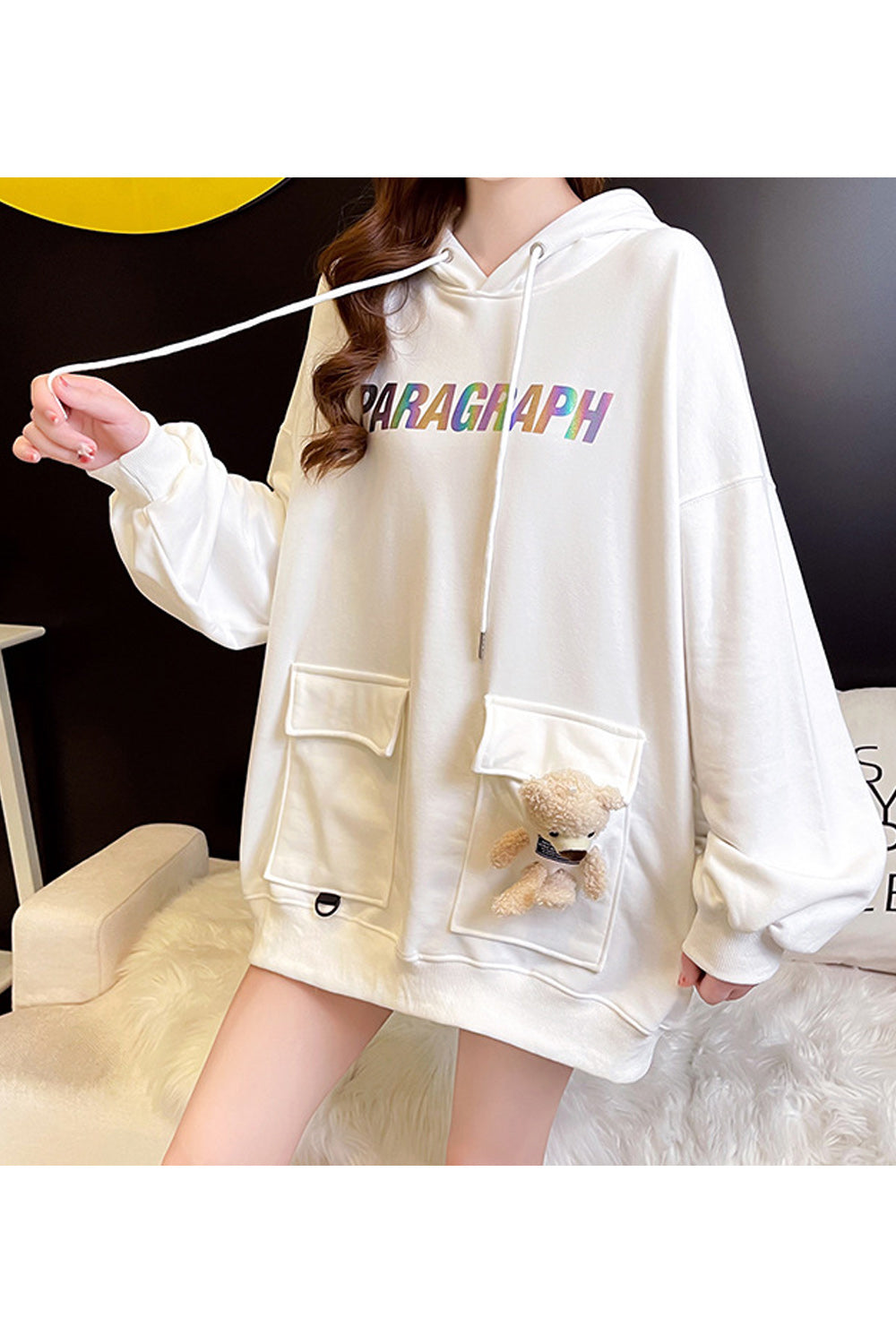 Women Loose Style Solid Colored Pretty Ventilated Long Sleeve Pocket Styling Hoodie