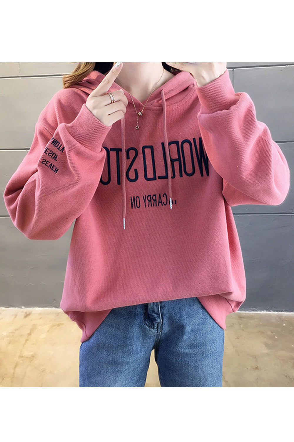 Women Wonderful Letter Embroidery Loose Elasticated Cuff Long Sleeve Modern Pullover Hoodie