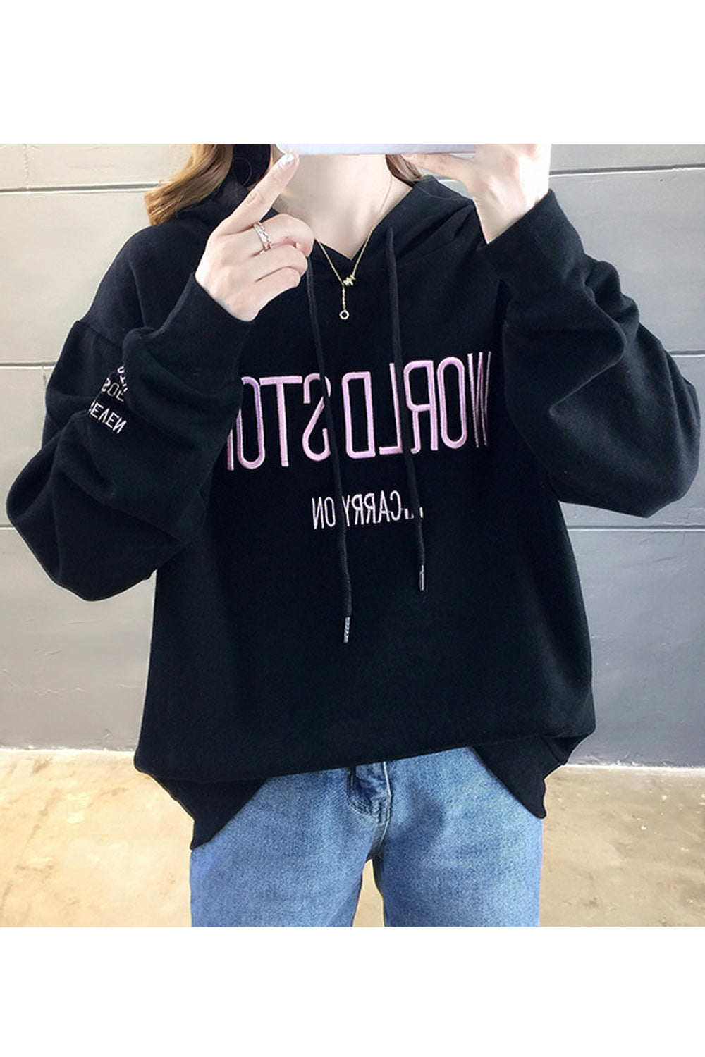 Women Wonderful Letter Embroidery Loose Elasticated Cuff Long Sleeve Modern Pullover Hoodie