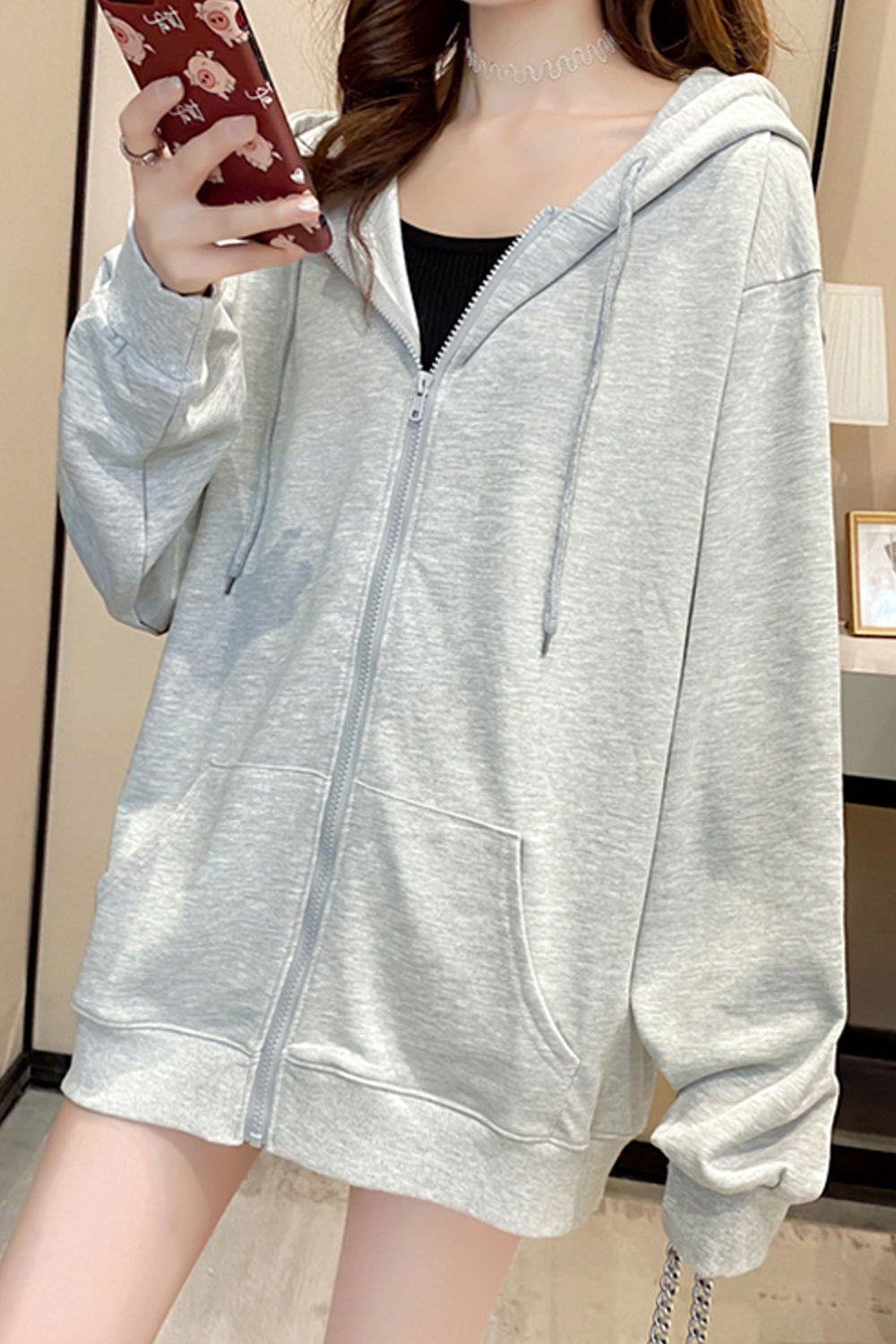 Women Solid Colored Simple Styled Casual Long Sleeve Warm Zipper Hoodie