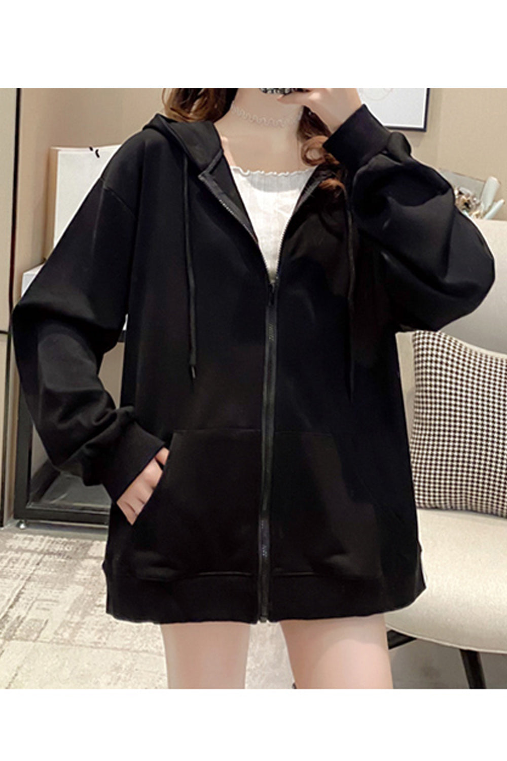 Women Solid Colored Simple Styled Casual Long Sleeve Warm Zipper Hoodie