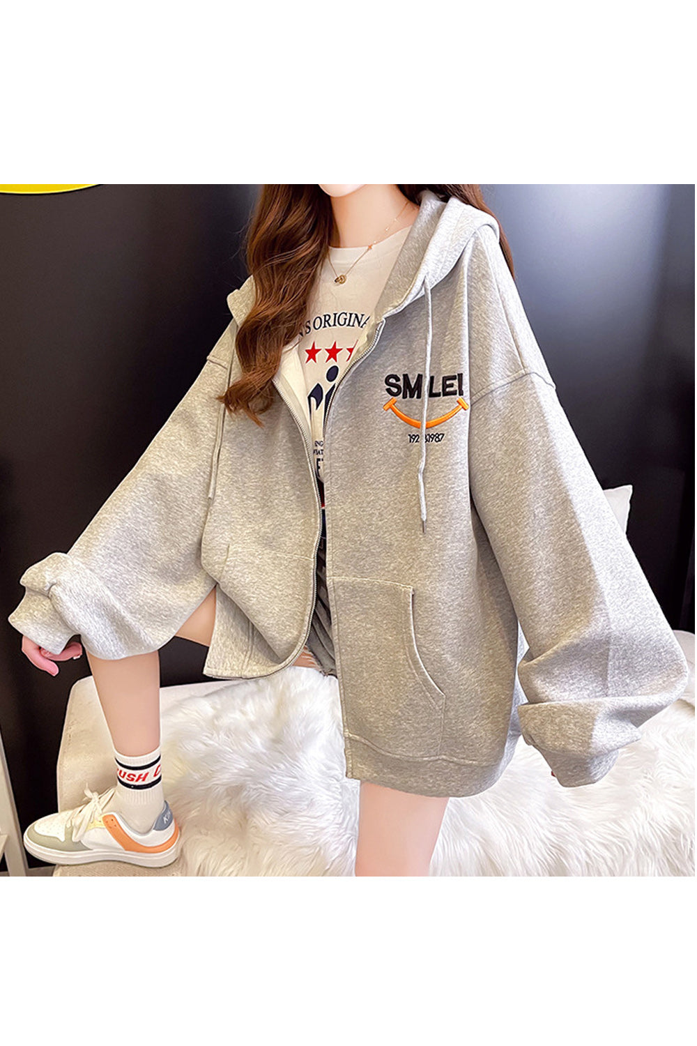 Women Loose Style Mid Length Ribbed Cuff Soft Solid Colored Comfy Winter Hoodie