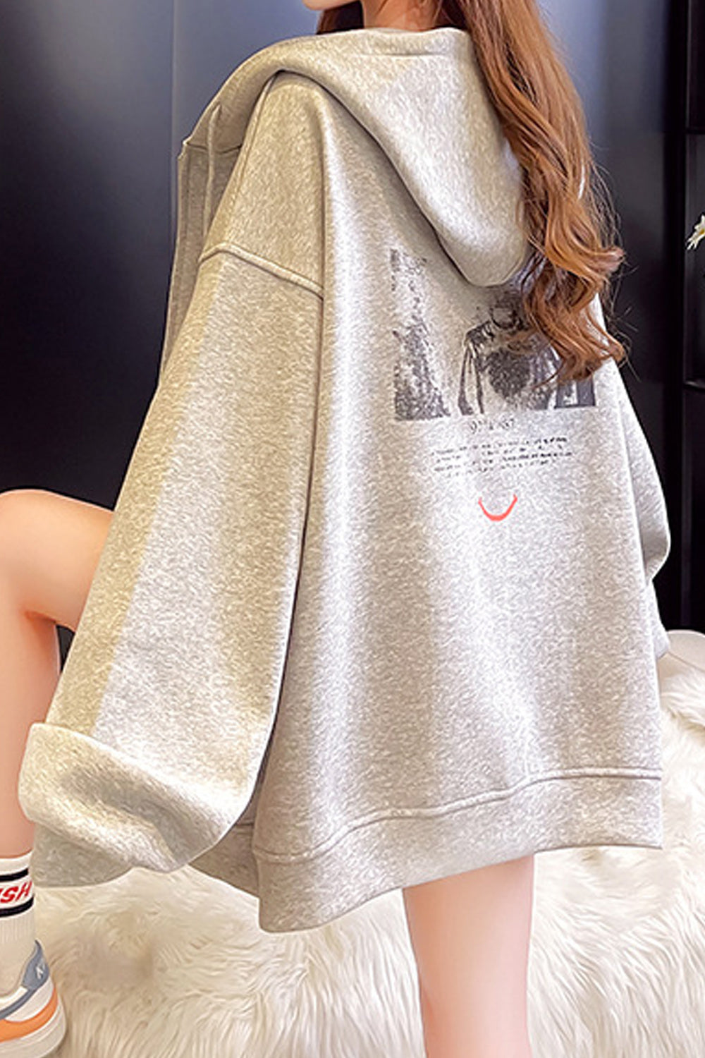 Women Loose Style Mid Length Ribbed Cuff Soft Solid Colored Comfy Winter Hoodie