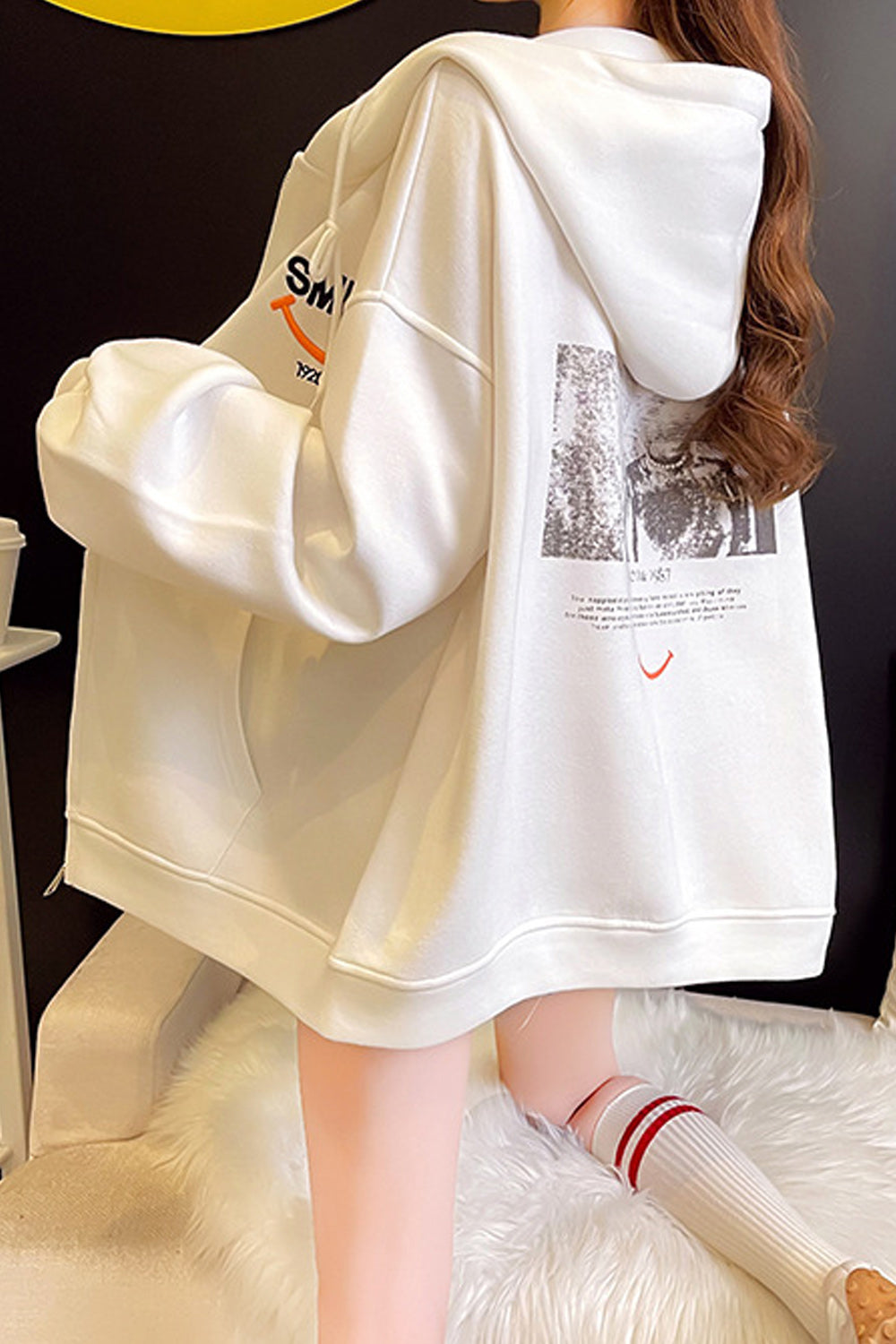 Women Loose Style Mid Length Ribbed Cuff Soft Solid Colored Comfy Winter Hoodie