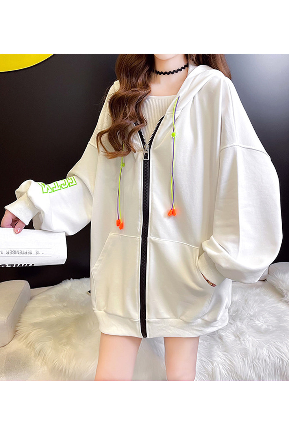 Women Mid Length Stylish Solid Colored Zipper Long Sleeve Comfy Winter Hoodie