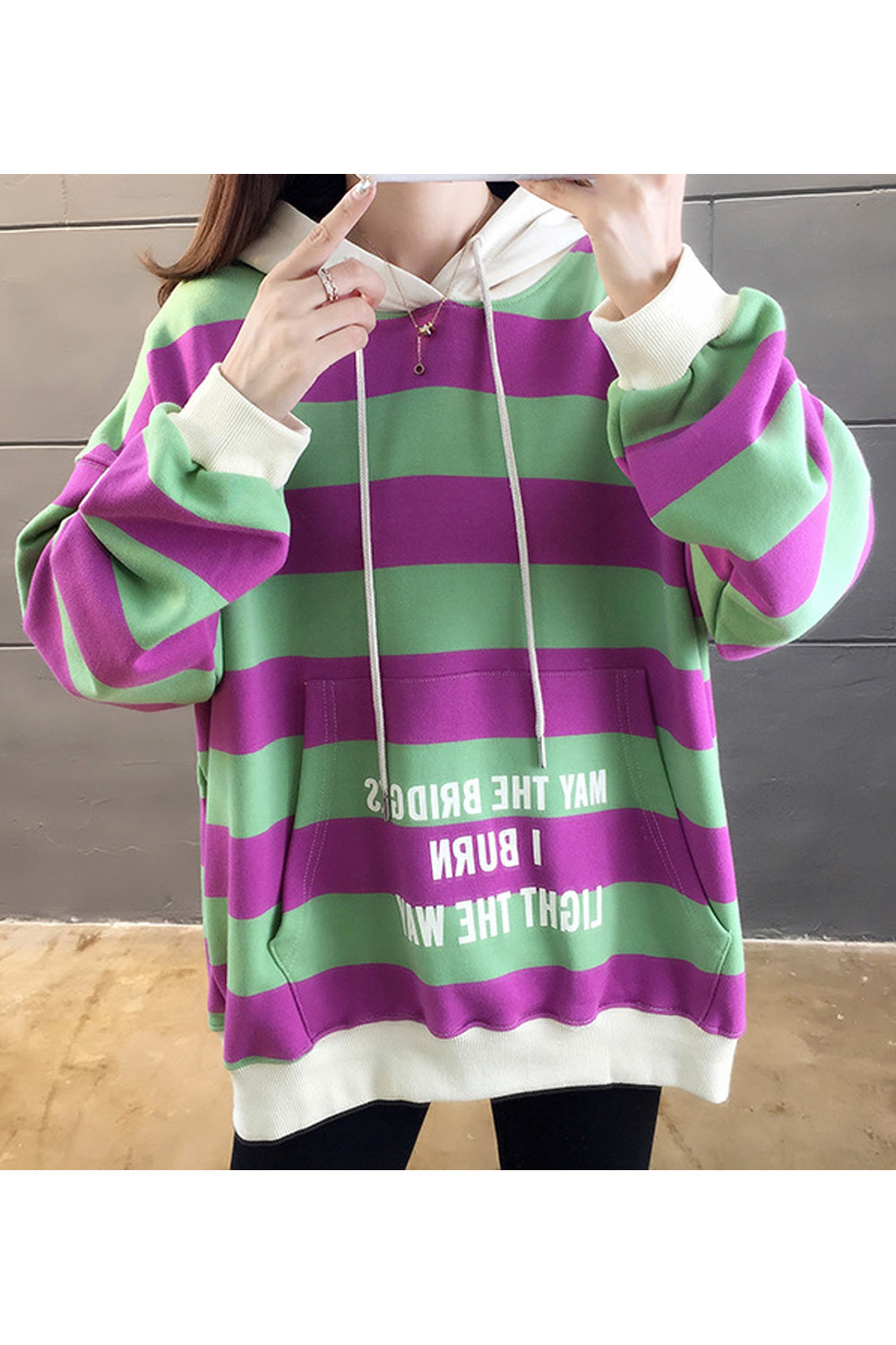 Women Thick Striped Pattern Loose Ventilated Long Sleeve Fashionable Pullover Hoodie