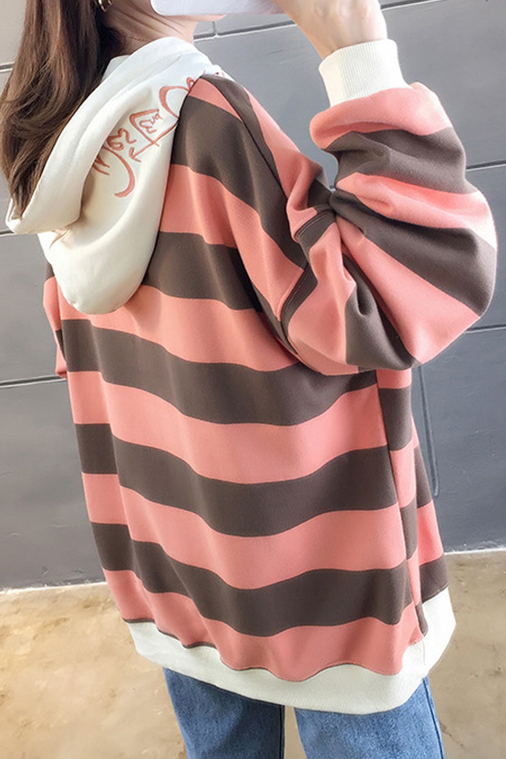 Women Thick Striped Pattern Loose Ventilated Long Sleeve Fashionable Pullover Hoodie