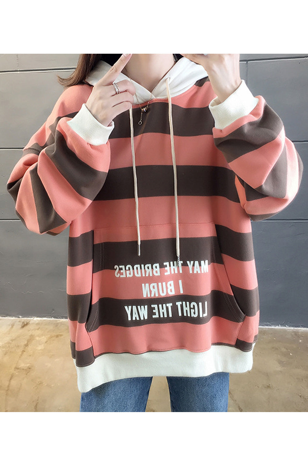 Women Thick Striped Pattern Loose Ventilated Long Sleeve Fashionable Pullover Hoodie